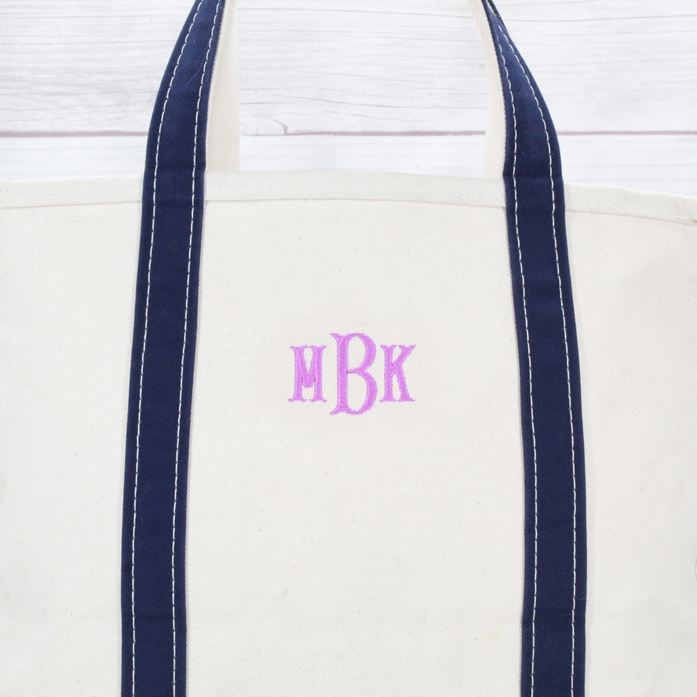 LL Bean Boat & Tote Blue Trim Embroidered MBK Open Top Tote Handbag - Picture 2 of 9